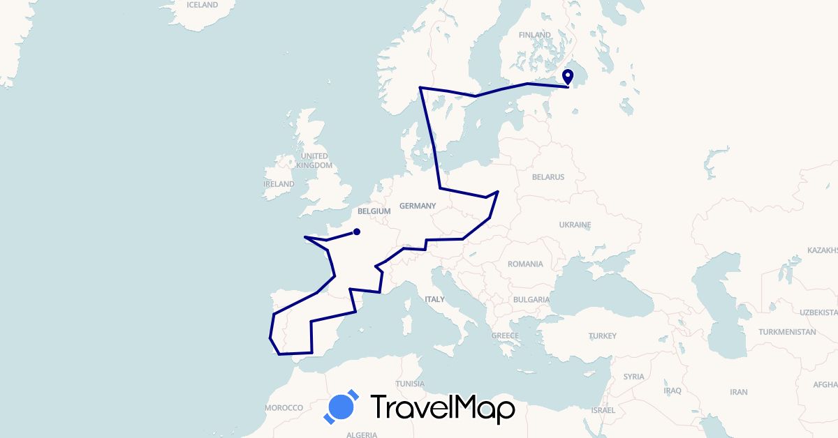 TravelMap itinerary: driving in Austria, Switzerland, Germany, Denmark, Spain, Finland, France, Norway, Poland, Portugal, Russia, Sweden (Europe)