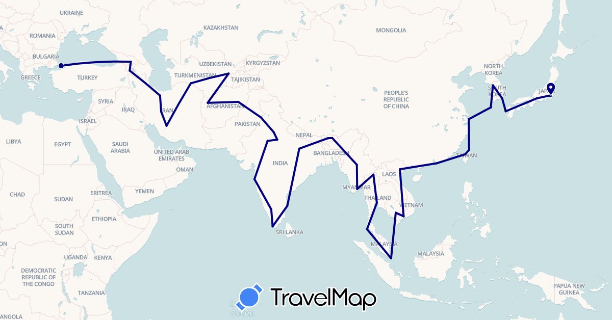 TravelMap itinerary: driving in Afghanistan, Armenia, Bhutan, China, Georgia, India, Iran, Japan, Cambodia, South Korea, Myanmar (Burma), Macau, Pakistan, Singapore, Thailand, Turkmenistan, Turkey, Taiwan, Uzbekistan, Vietnam (Asia)