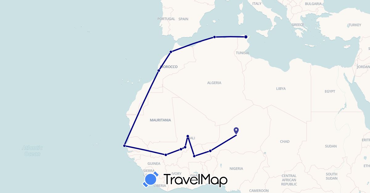 TravelMap itinerary: driving in Burkina Faso, Algeria, Morocco, Mali, Niger, Senegal, Tunisia (Africa)